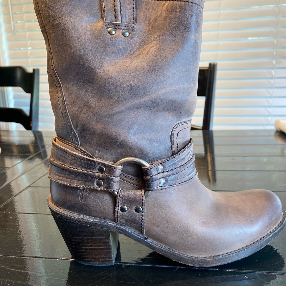 Frye Carmen Harness Short Boots Smoke Color.Worn twice, excellent condition!